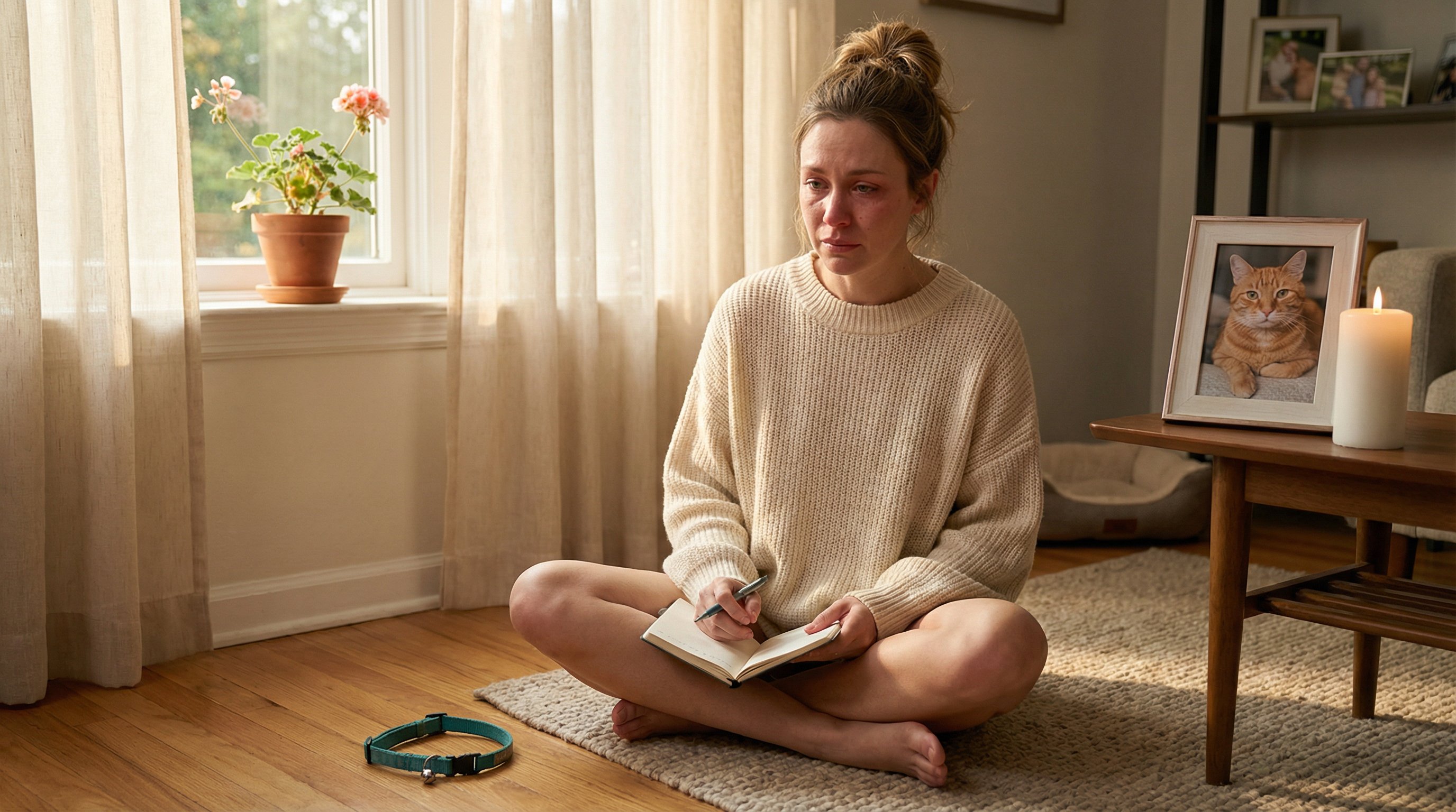 Woman journaling beside cat keepsakes and a lit candle in a sunlit room.