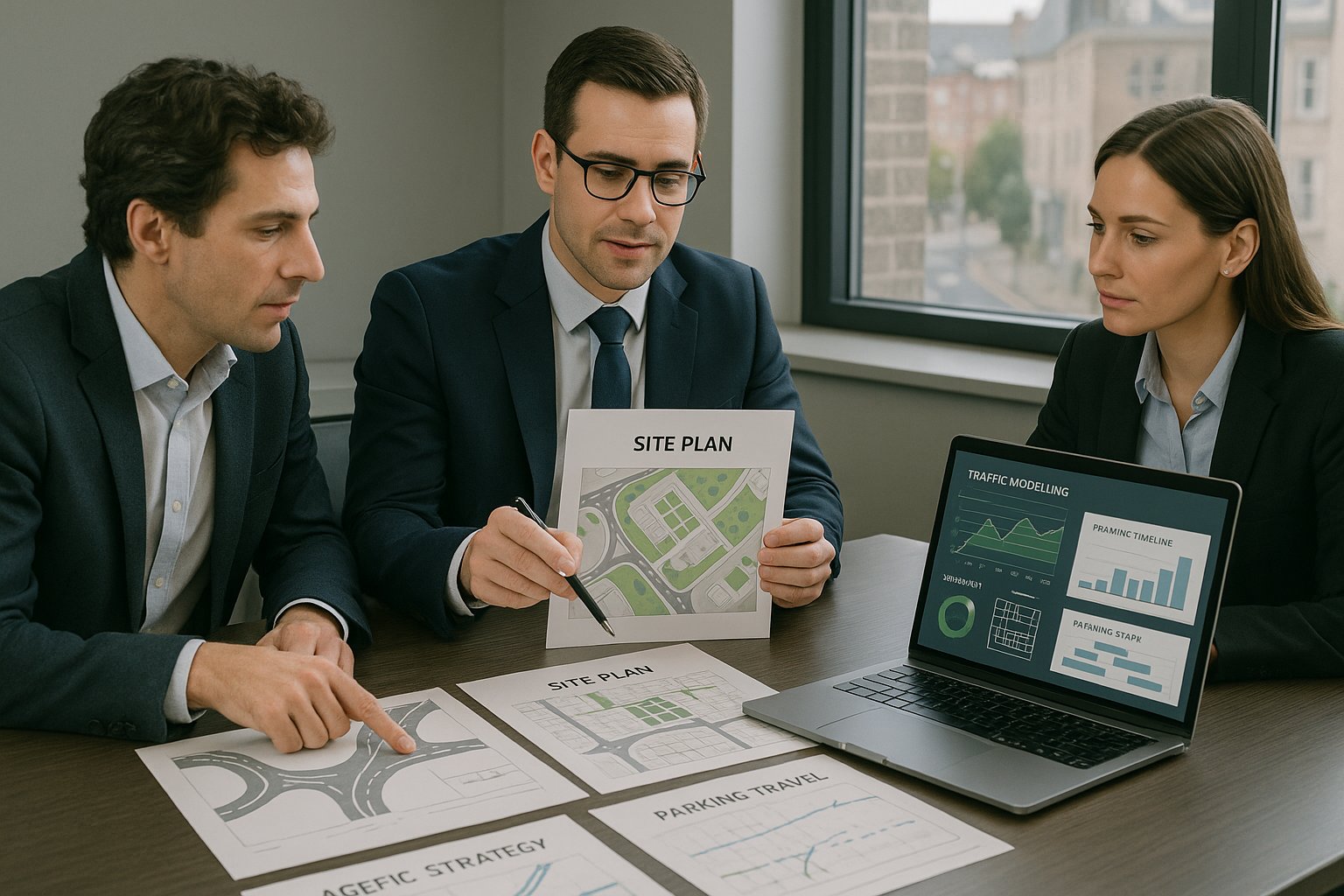 Transport planning consultant reviewing site access plans with development team.