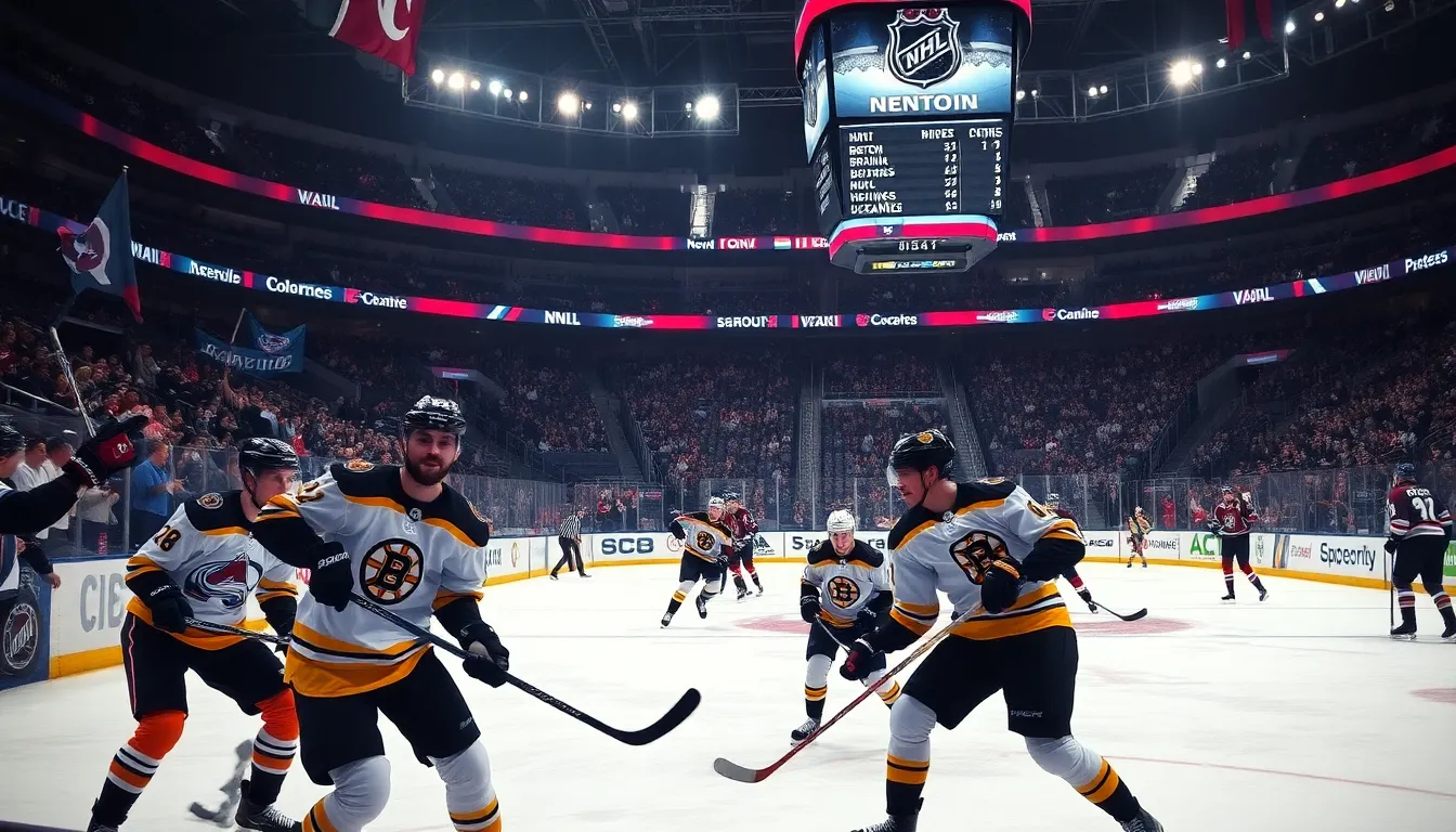 NHL players in action during a competitive game.