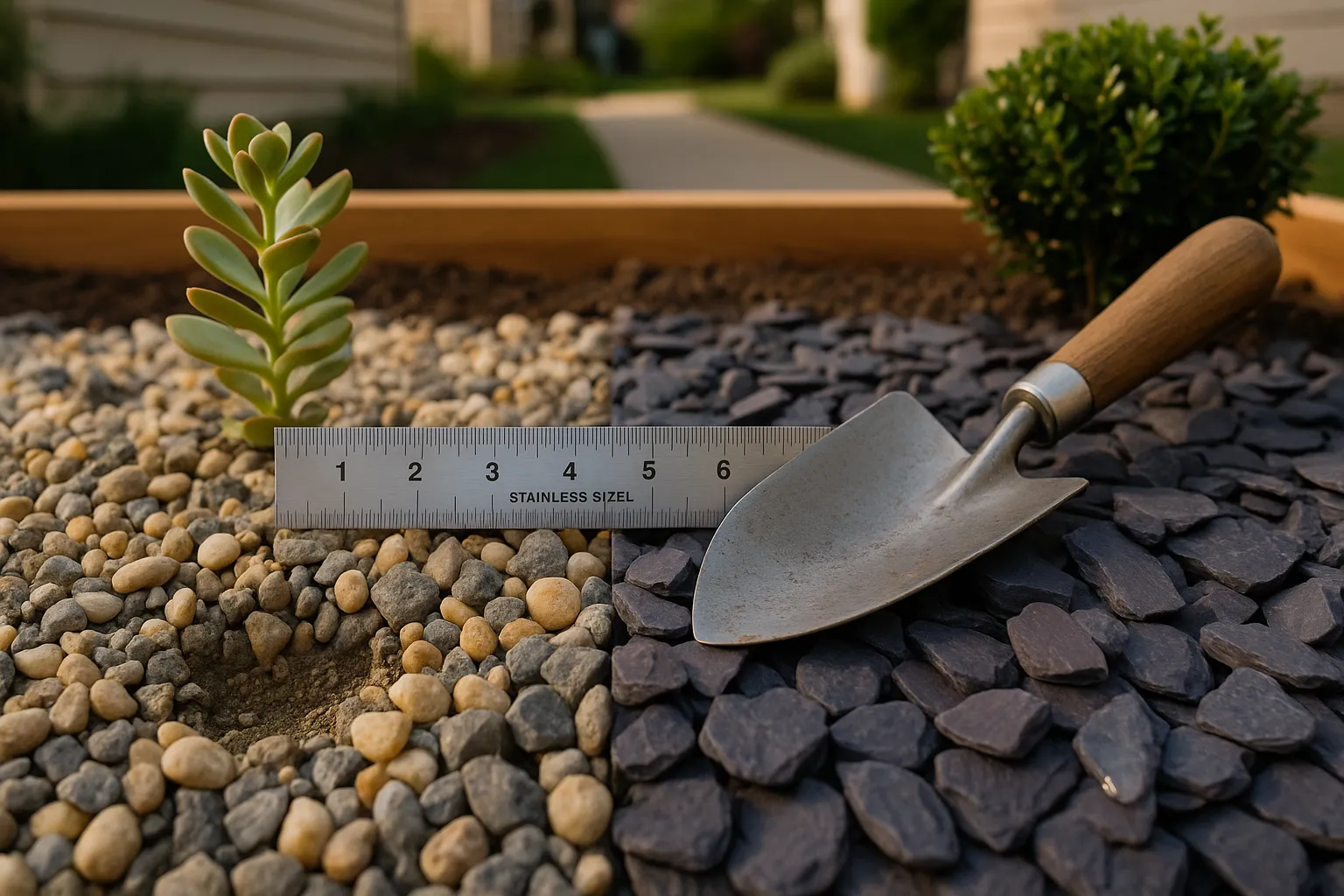 close-up comparison of gravel mulch and flat slate chips in a garden bed