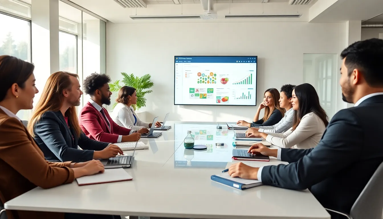 diverse group in a modern office attending an online nutrition class.