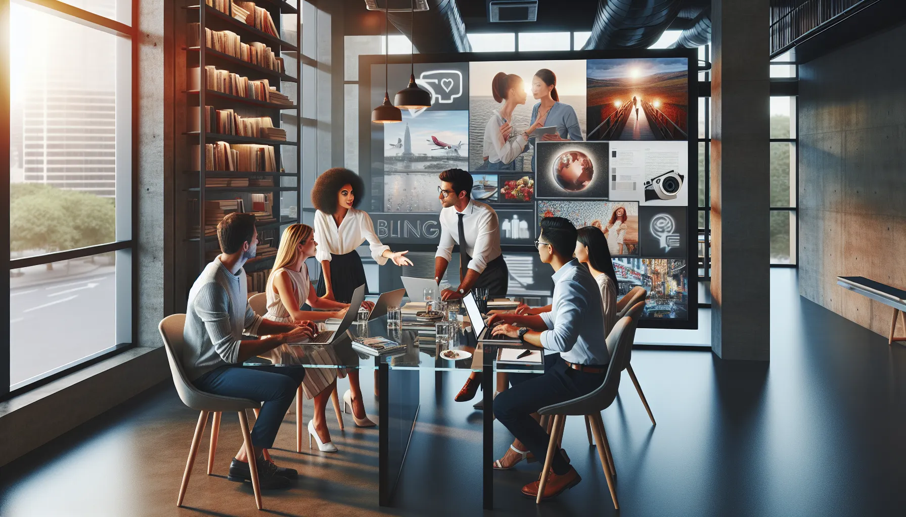 diverse group of bloggers collaborating in a modern workspace.