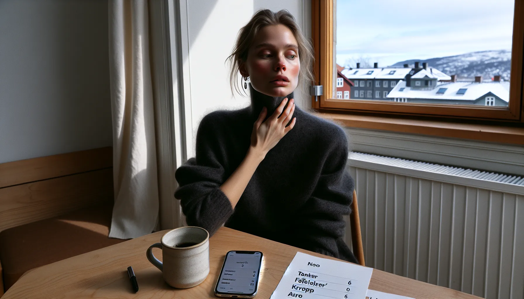 Norwegian woman checks pulse and logs anxiety triggers on her phone.