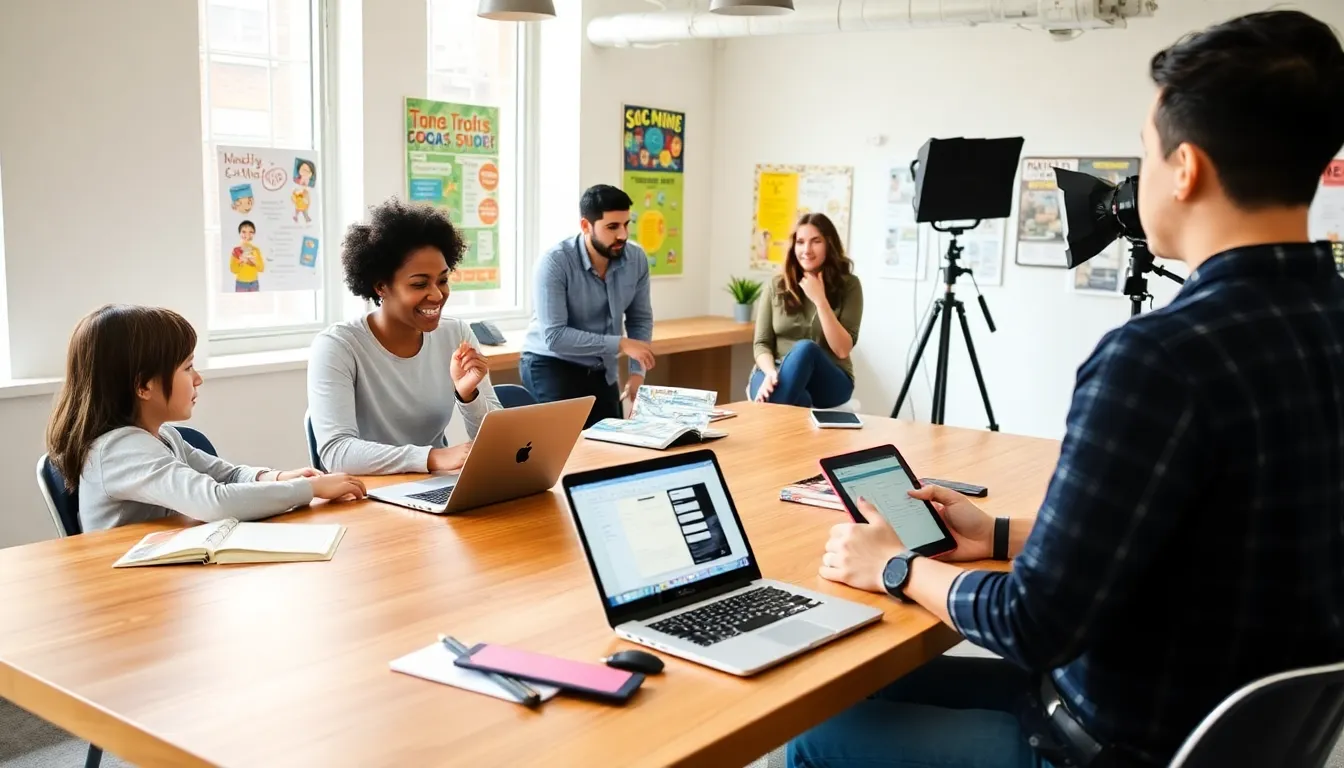 teachers engaged in various side hustles in a modern workspace.