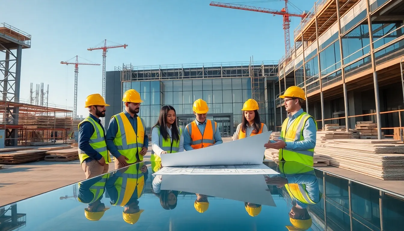 diverse team on a retail construction site examining plans.