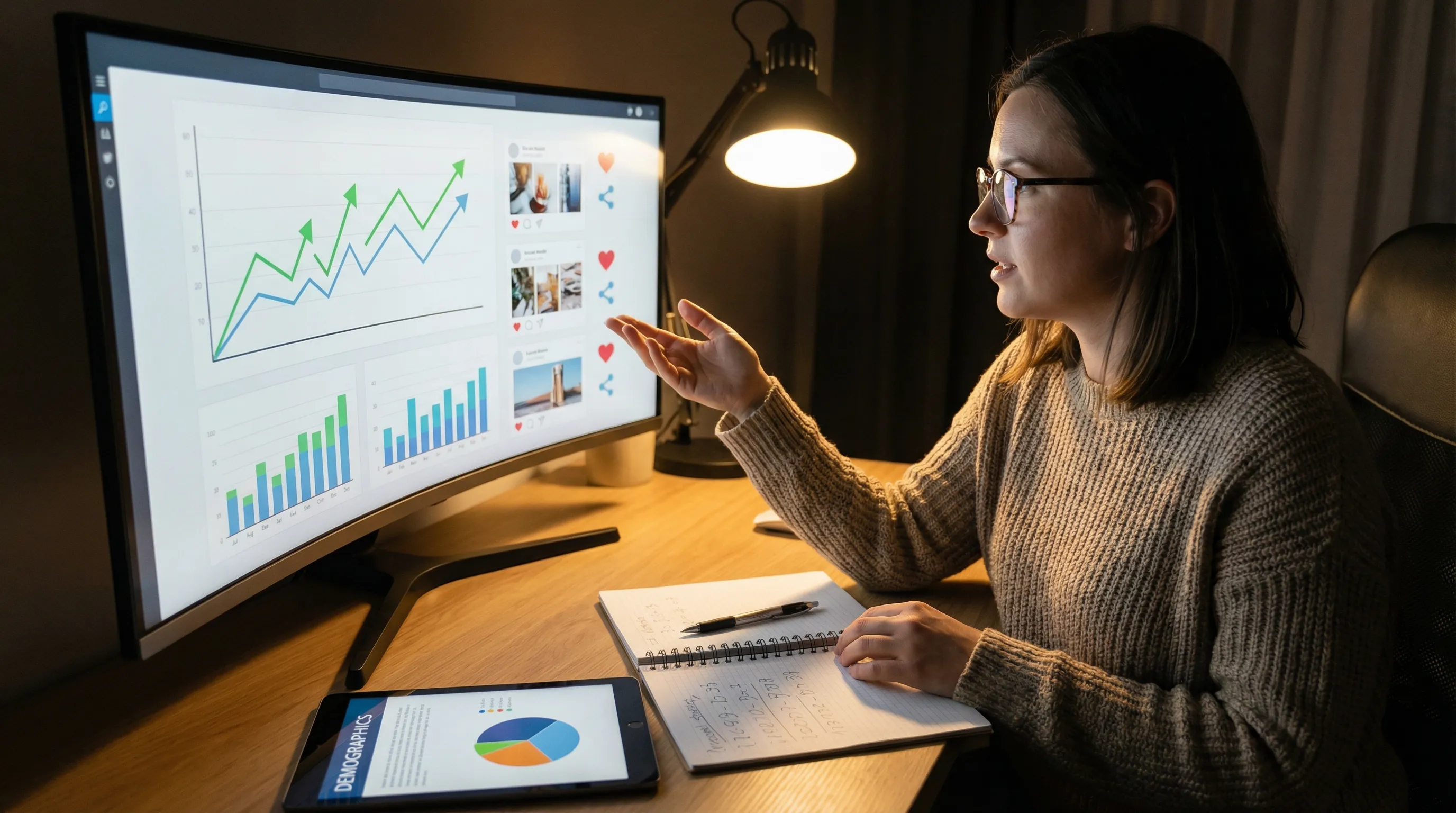 Marketing specialist analyzing social media performance metrics and growth charts on a computer screen.