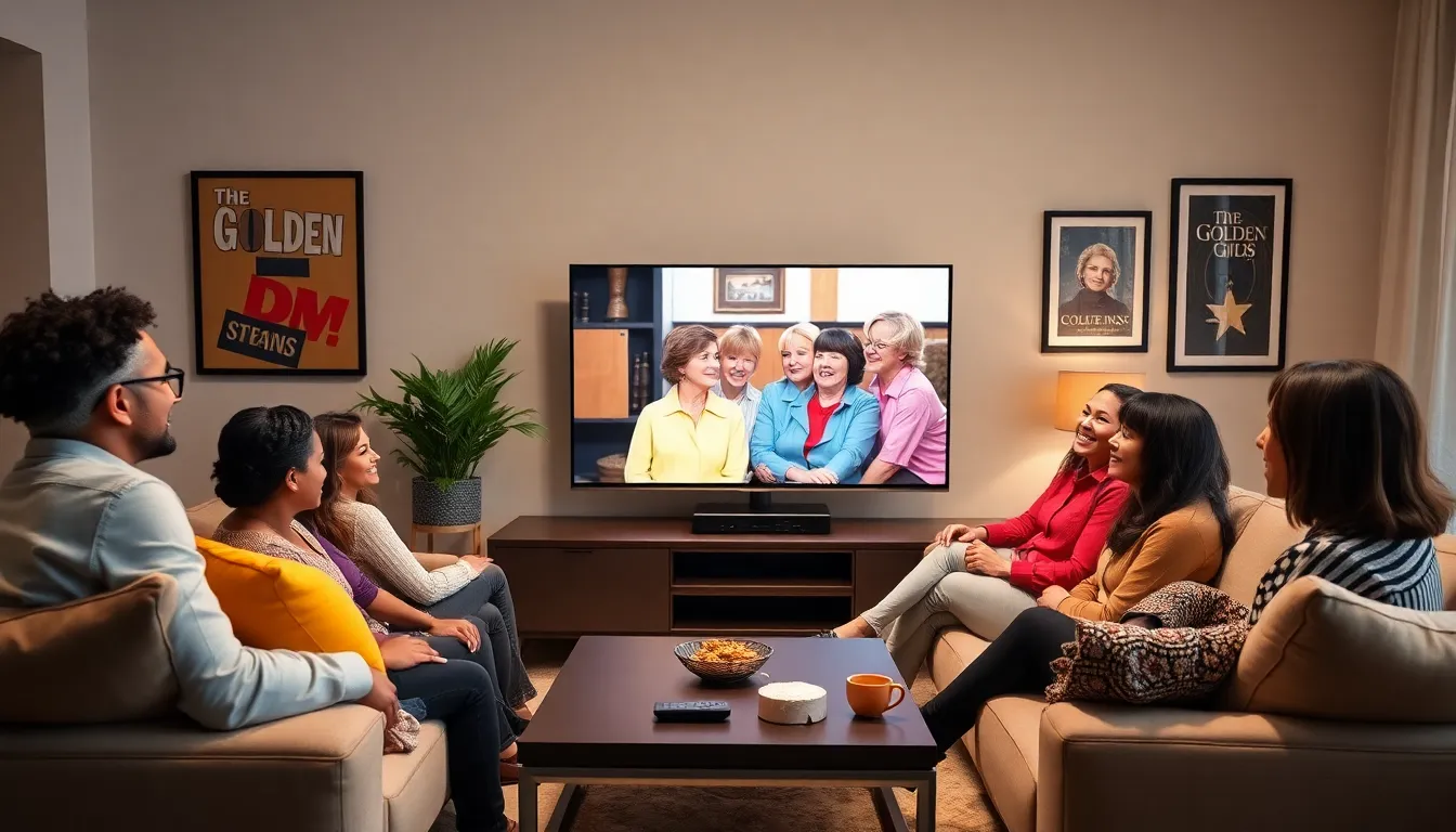 group of friends enjoying classic shows in a cozy living room.