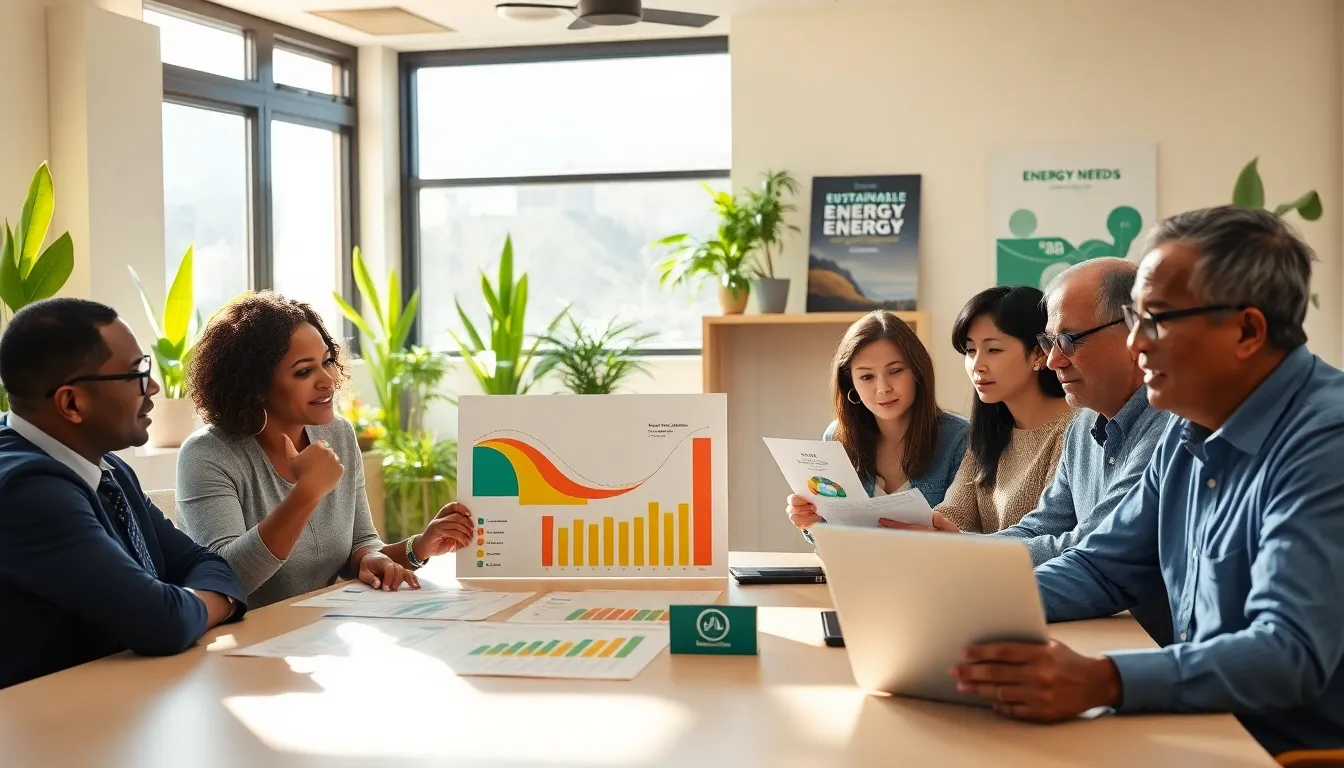 community leaders discussing energy needs in a sunlit conference room.