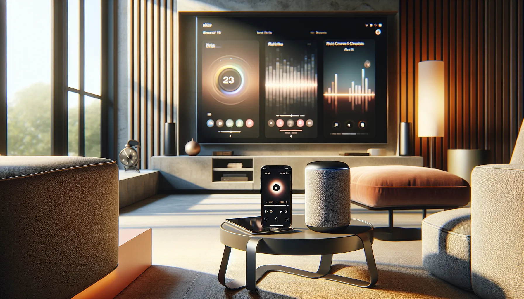 Apple devices displaying Apple Music in a cozy living room with a Spotify-enabled TV.