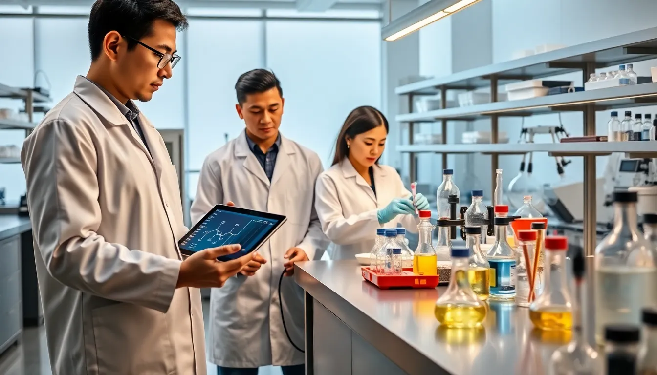 scientists analyzing Fe29194773 in a modern laboratory setting.