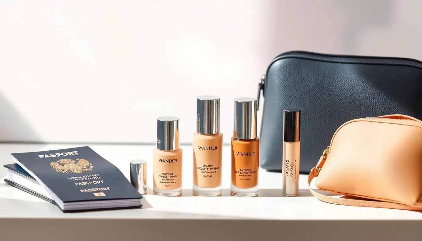 Wander Beauty foundation products displayed with travel essentials.