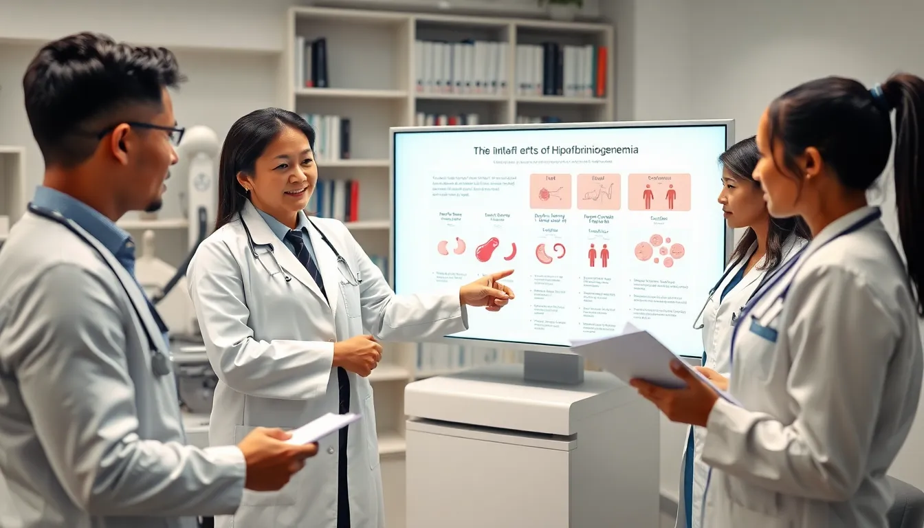 healthcare team discussing hipofibrinogenemia in a modern medical office.