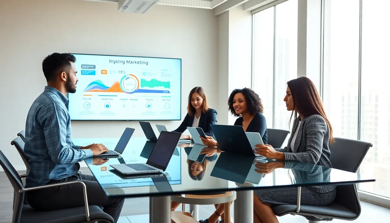 diverse professionals discussing digital marketing strategies in a modern office.
