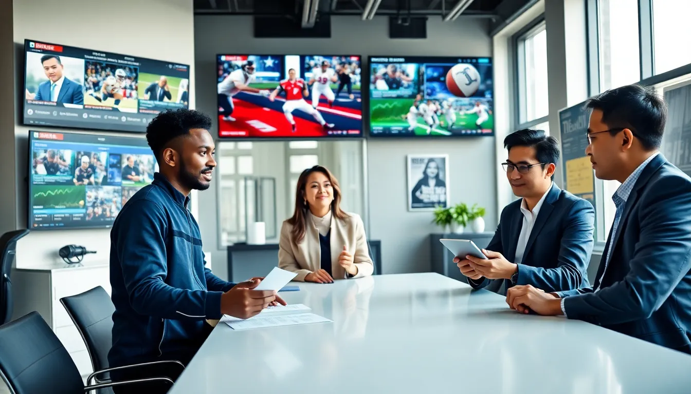 a diverse team discussing sports news in a modern office.