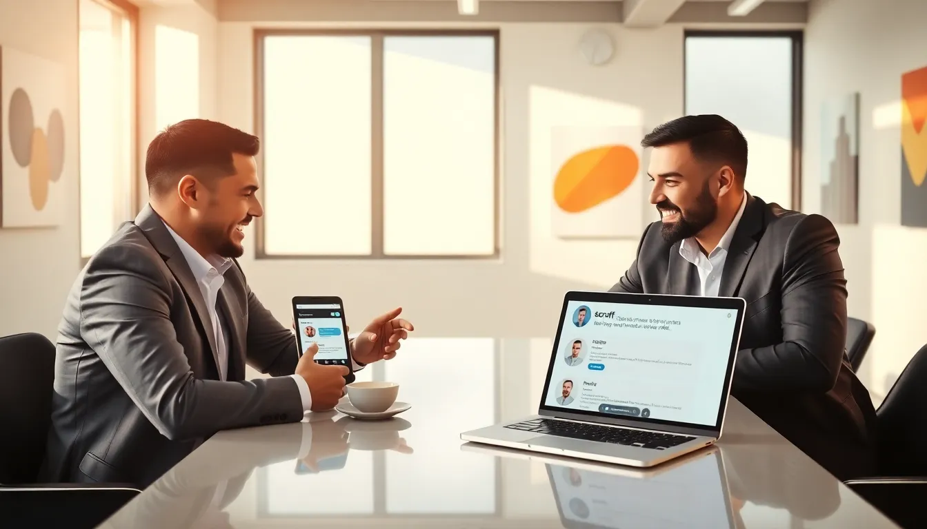diverse men discussing app features in a modern office.