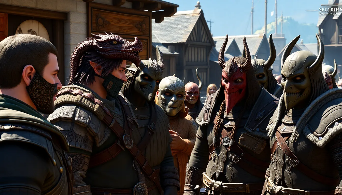 diverse adventurers in Skyrim wearing unique face masks.