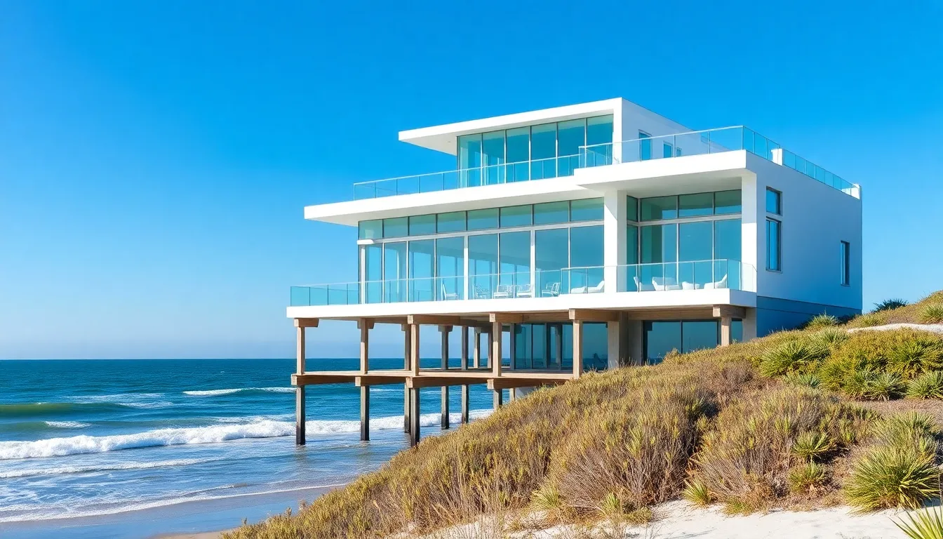 modern coastal architecture with large windows and ocean views.