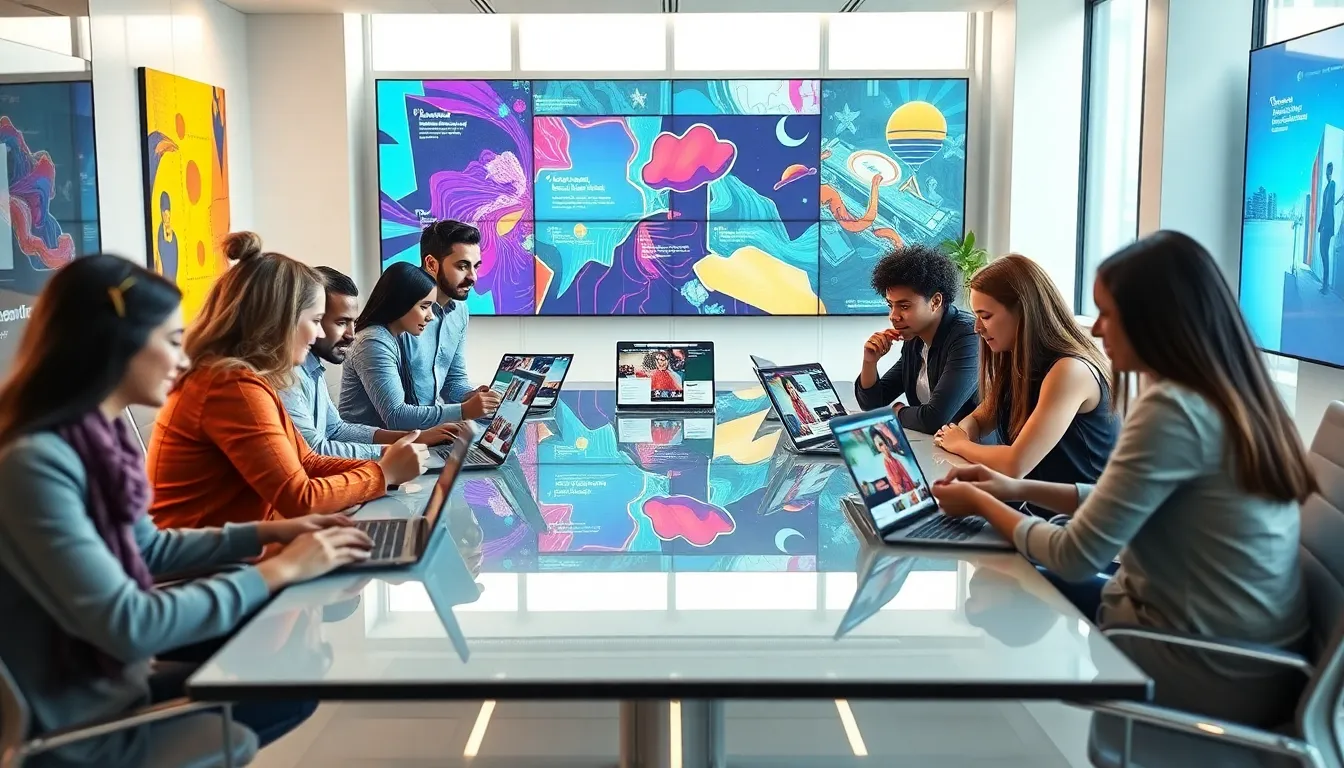 diverse professionals in a creative workspace discussing digital trends.