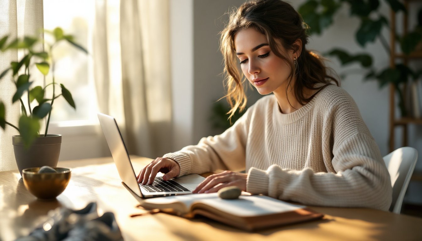 A woman calmly opening her laptop at a sunlit desk, taking her first small action.