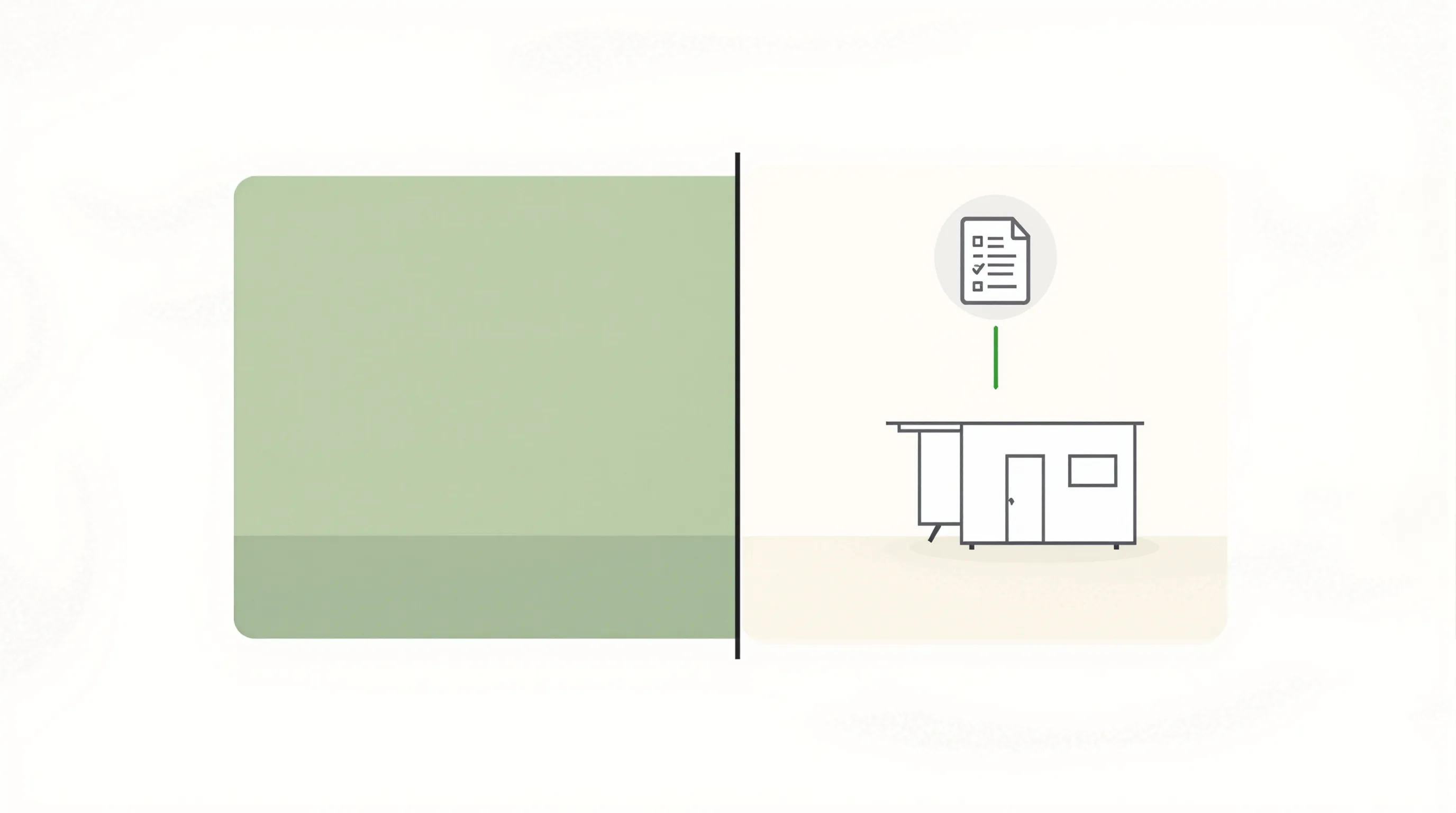 Minimal illustration of mobile house placement on agricultural land with legal document icon.