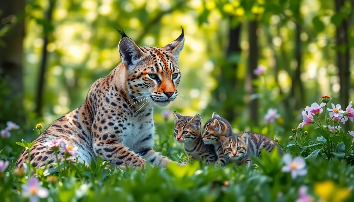 bobcat mother with her kittens in a spring forest.