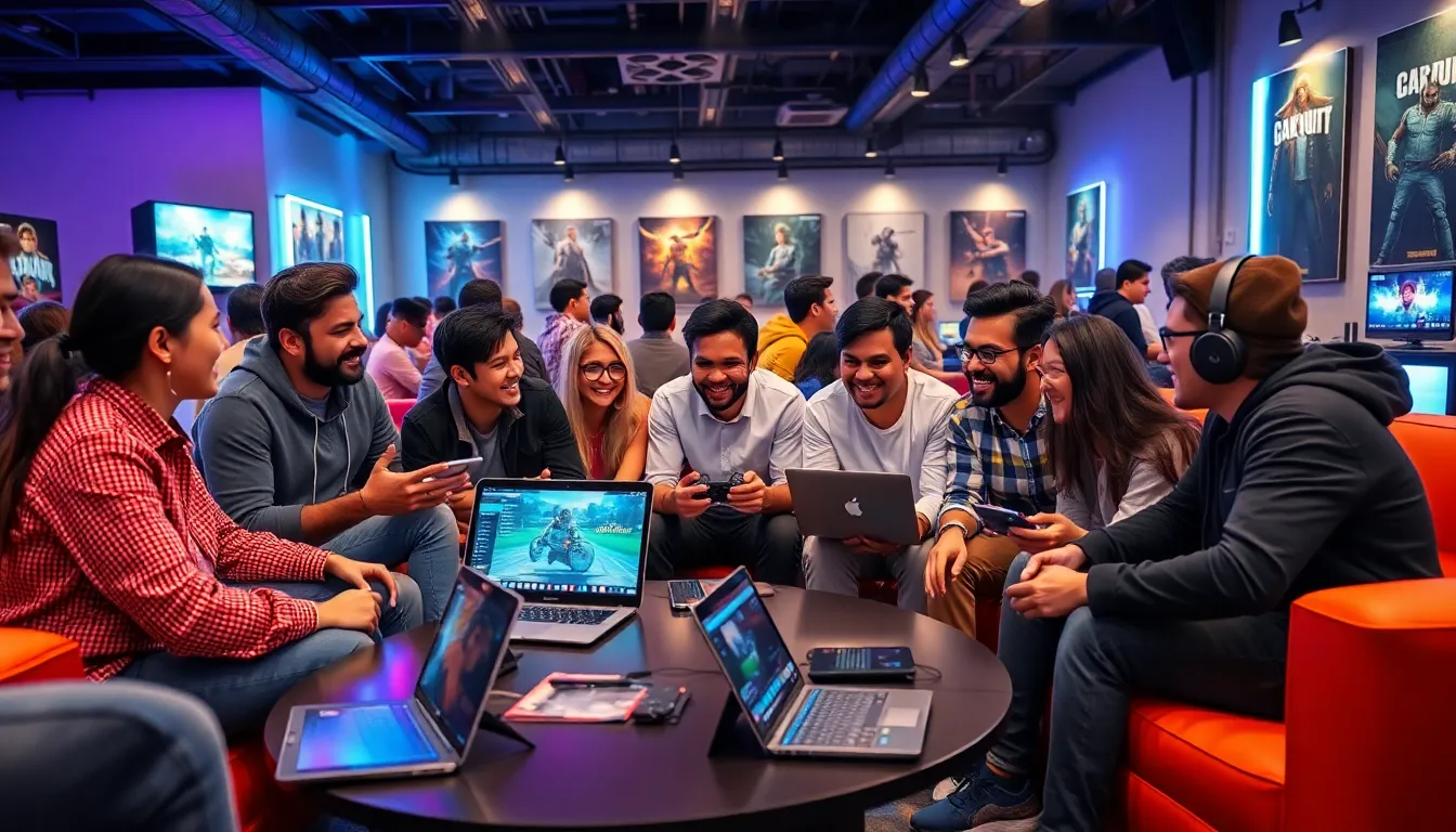 diverse group of friends gaming together in a modern lounge.