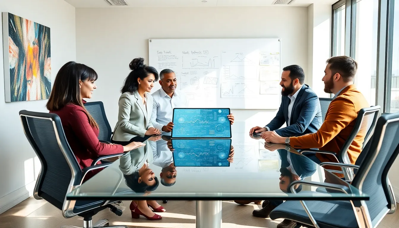 diverse team discussing technology innovations in a modern conference room.