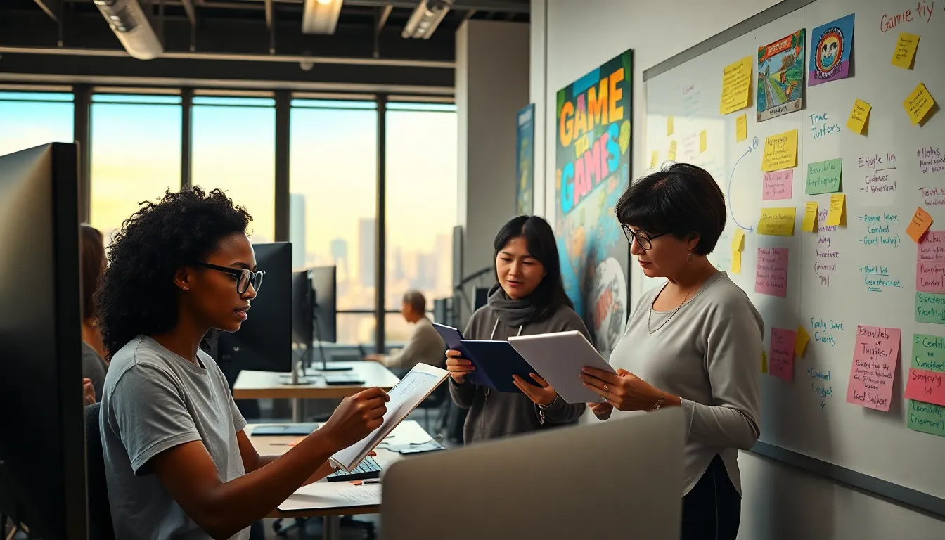 a diverse team collaborating in a game development studio.