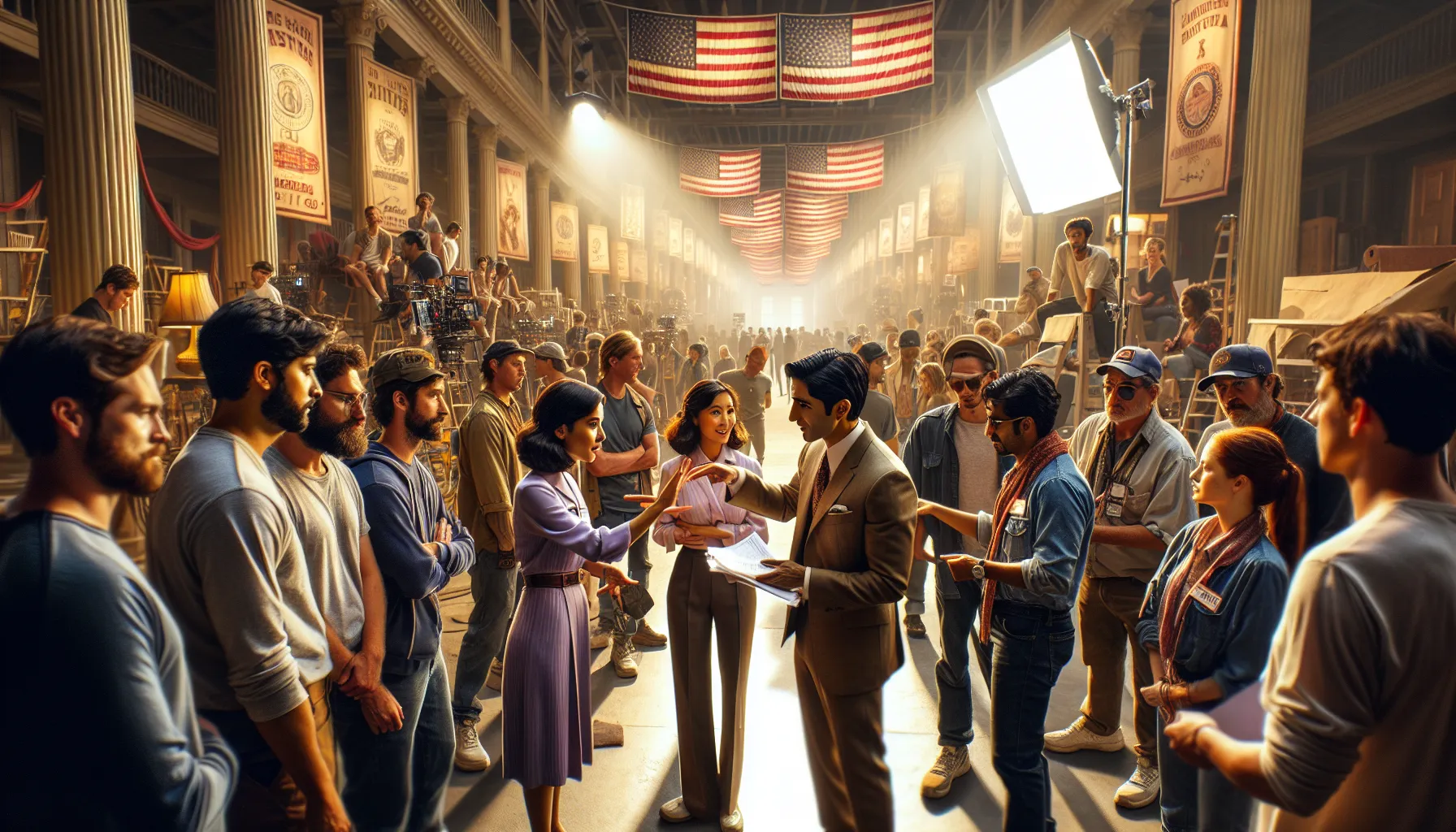 A film set with actors portraying extras interacting in a well-lit environment.