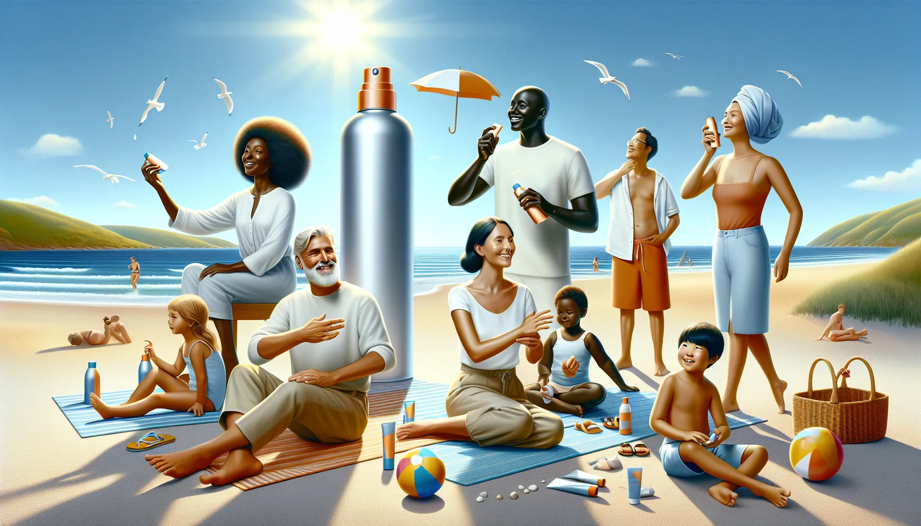 group enjoying a beach day applying sunscreen with Mitacium Dizovid.