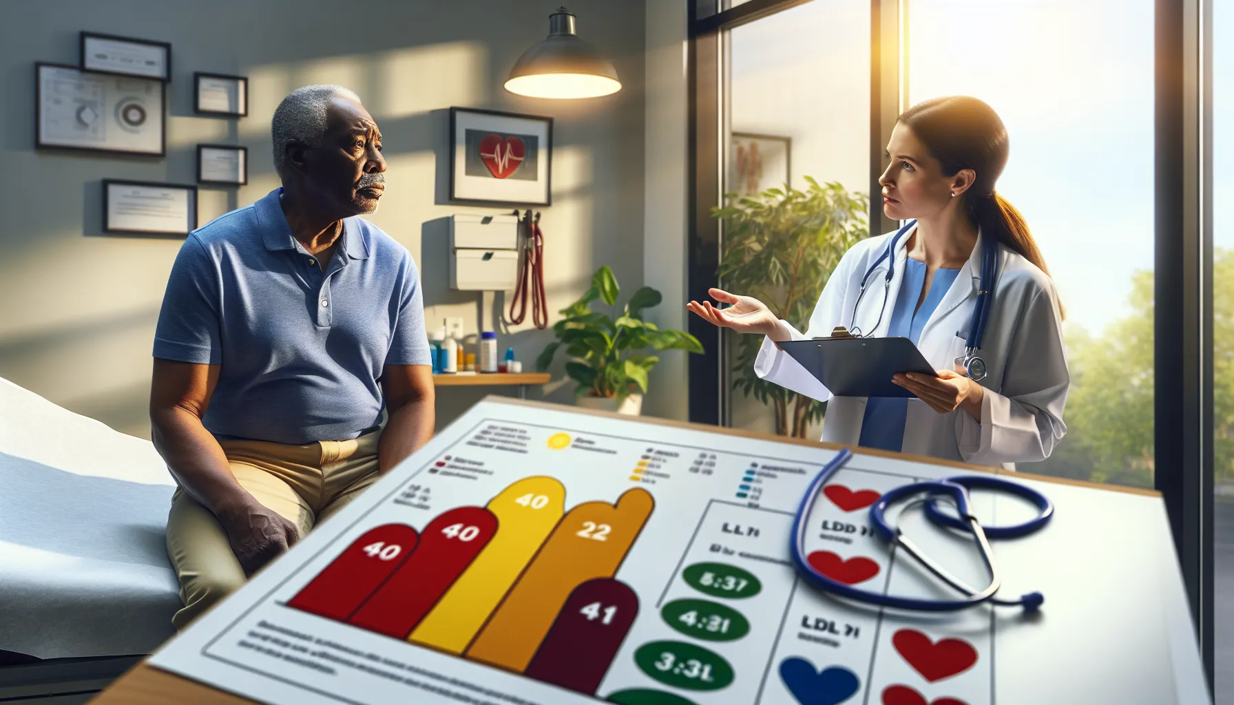 a man learning about LDL cholesterol levels from his doctor in an office.