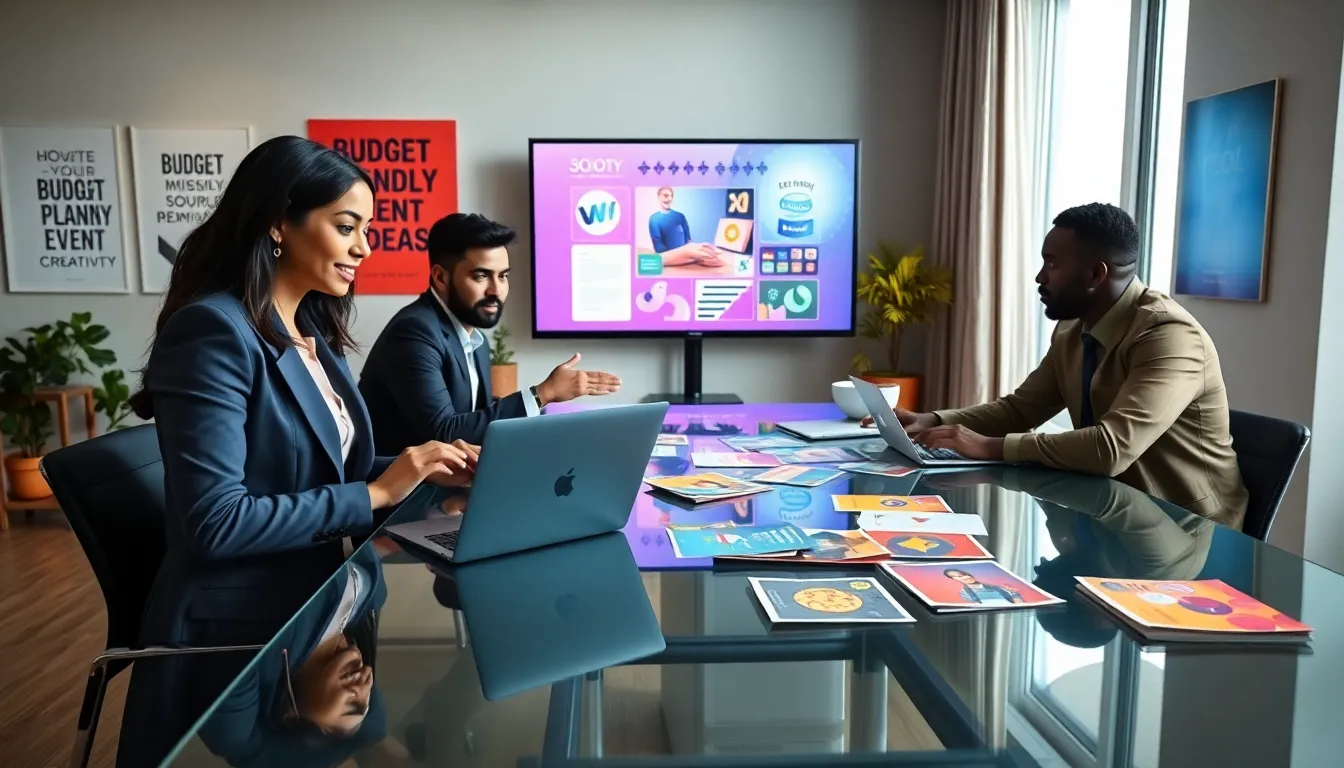 professionals collaborating on affordable event planning in a modern office.