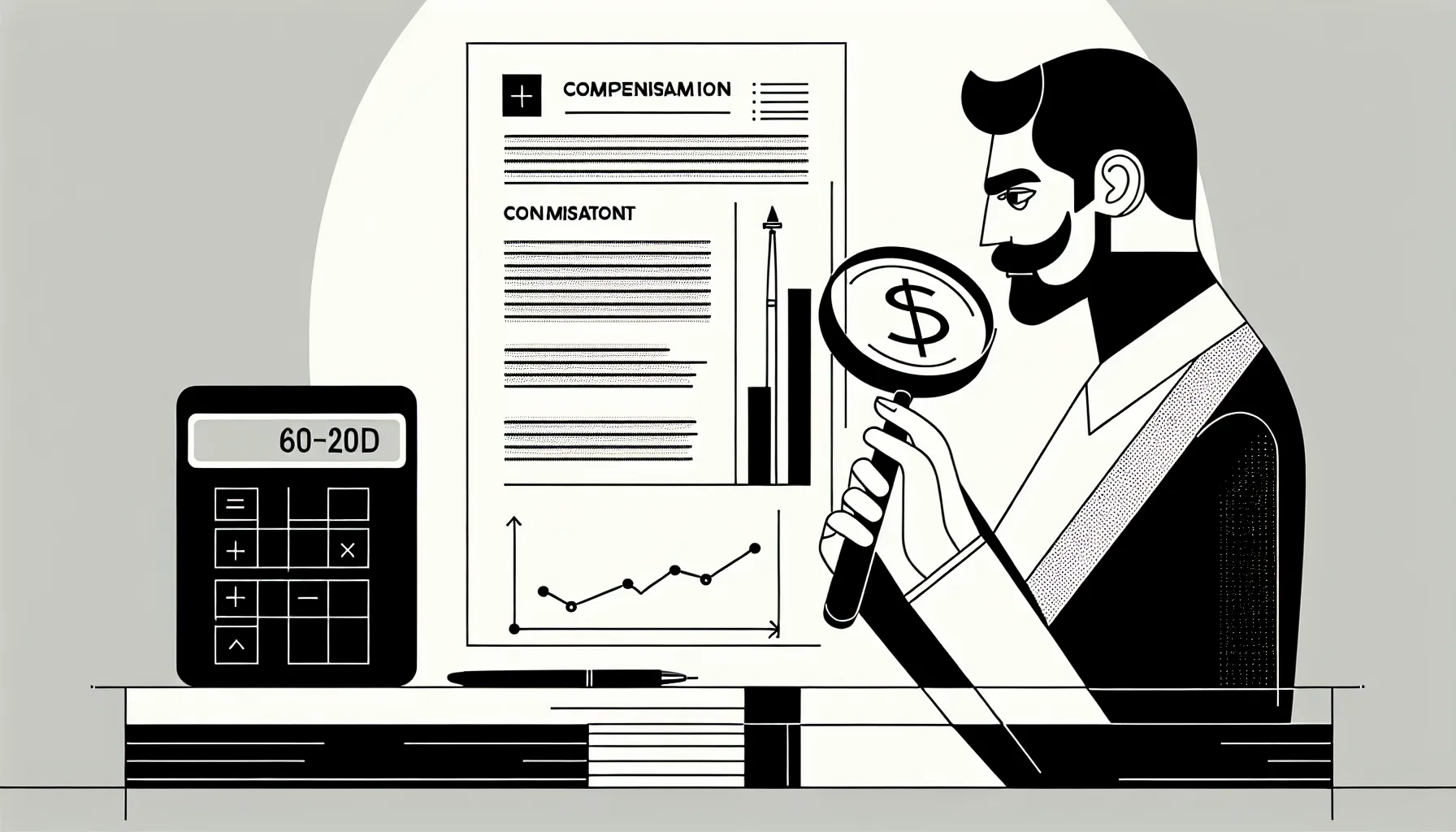 Dentist examining a contract with magnifying glass, paystub, calculator, Washington outline.