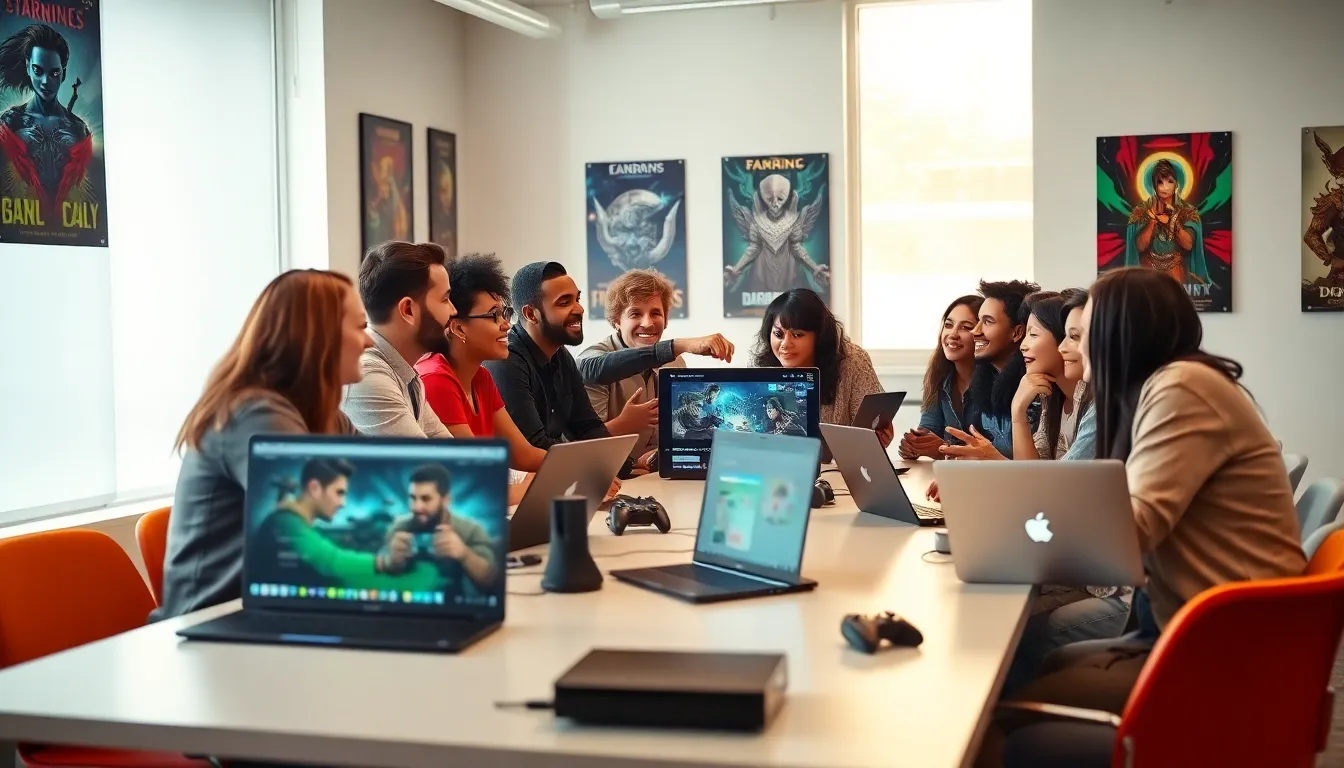 diverse team collaborating in a modern gaming office.