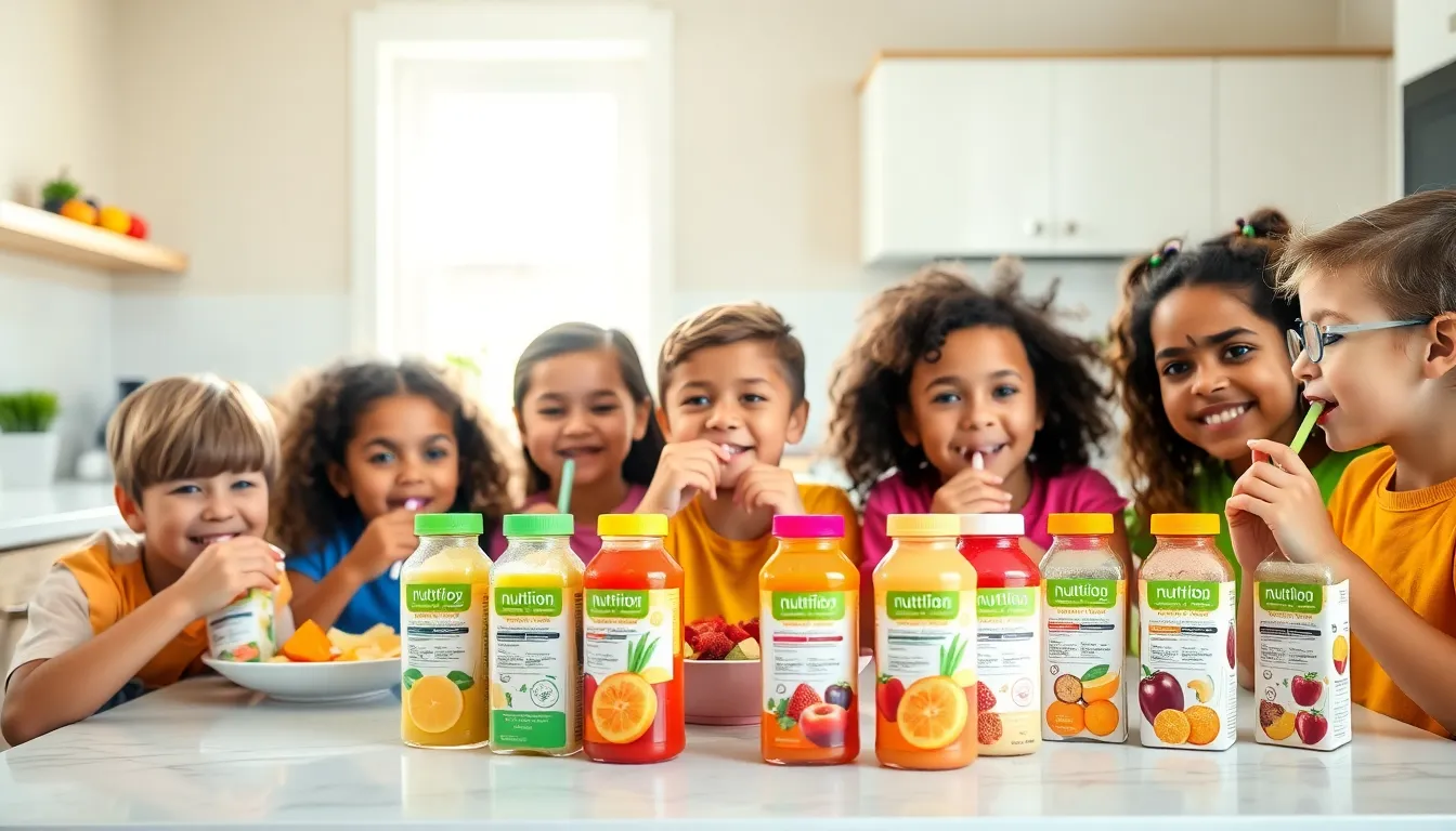 diverse children enjoying colorful nutrition drinks in a bright kitchen.