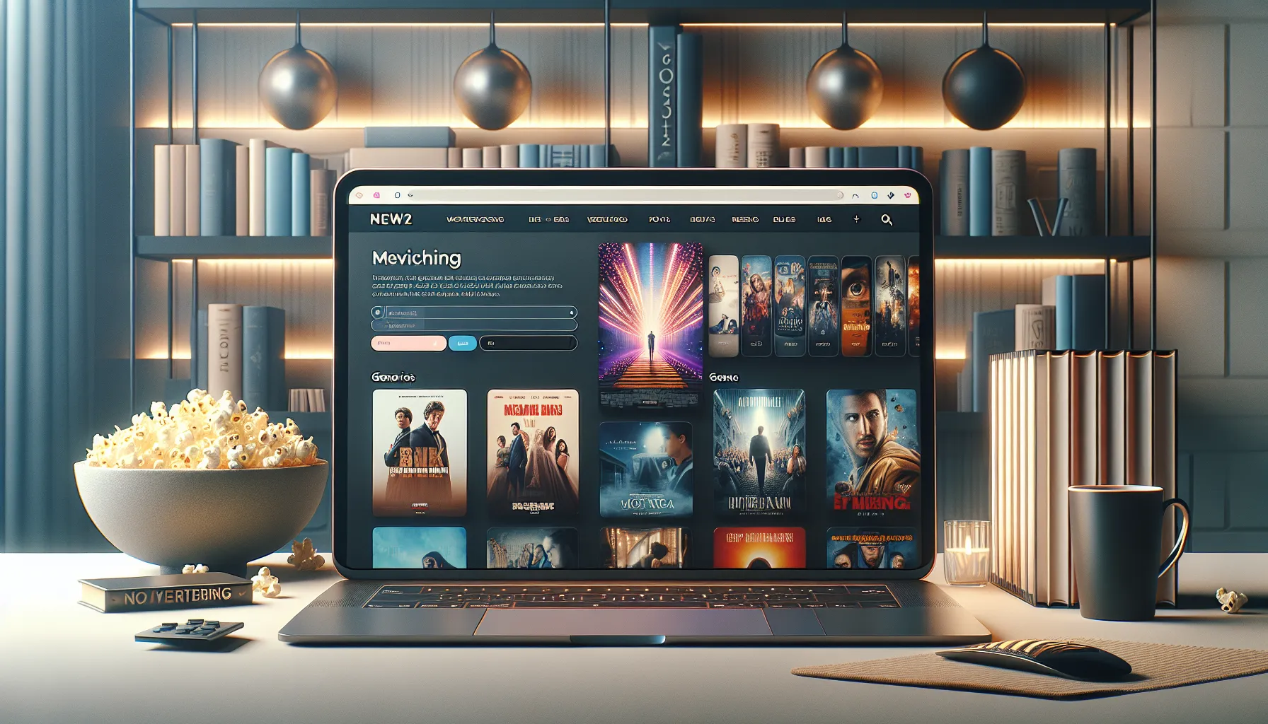 Laptop displaying Moviesnation.org homepage with movie posters and genre filters.