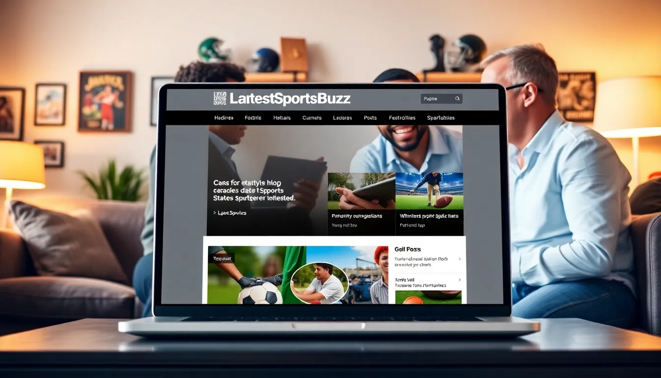 professionals discussing sports articles on a laptop in a modern office.