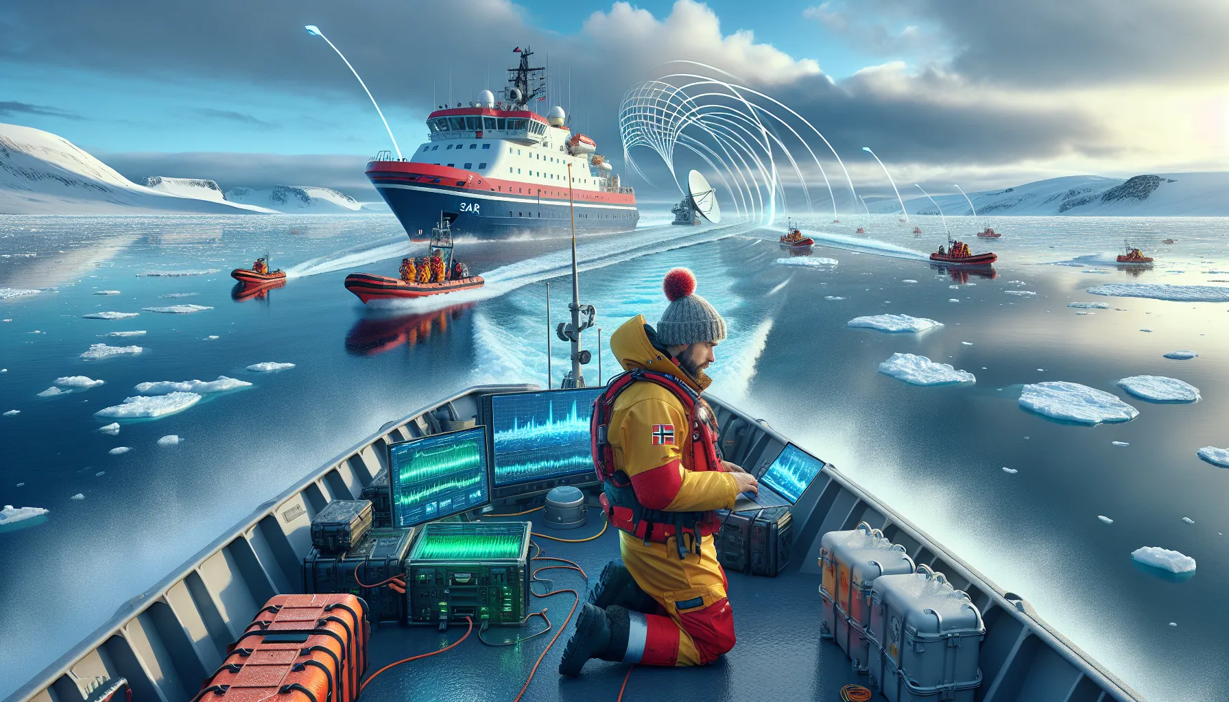 Hvordan satellitter muliggjør sanntidskommunikasjon i avsidesliggende områder 2 Norwegian search-and-rescue ship in arctic waters using satellite links during a rescue.