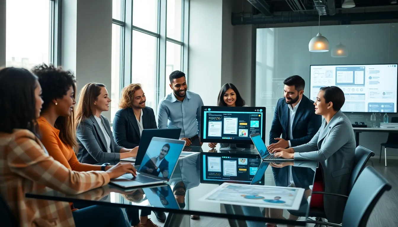 diverse team collaborating on software product development in a modern office.