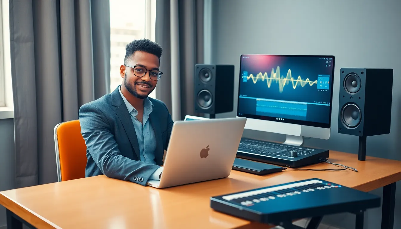 musician using a virtual cello in a modern workspace.