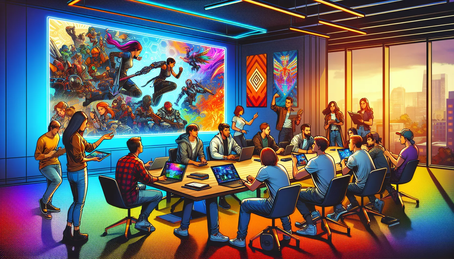 diverse gamers discussing strategies for Popguroll in a modern meeting room.