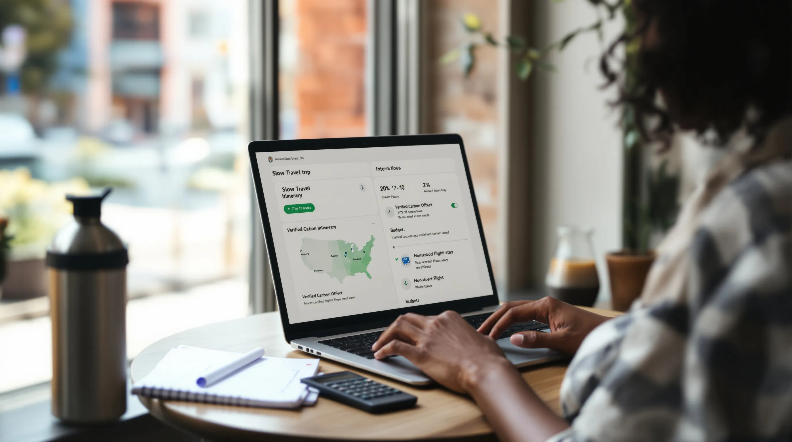 Woman planning a slow, sustainable US trip with trains and carbon offsets.