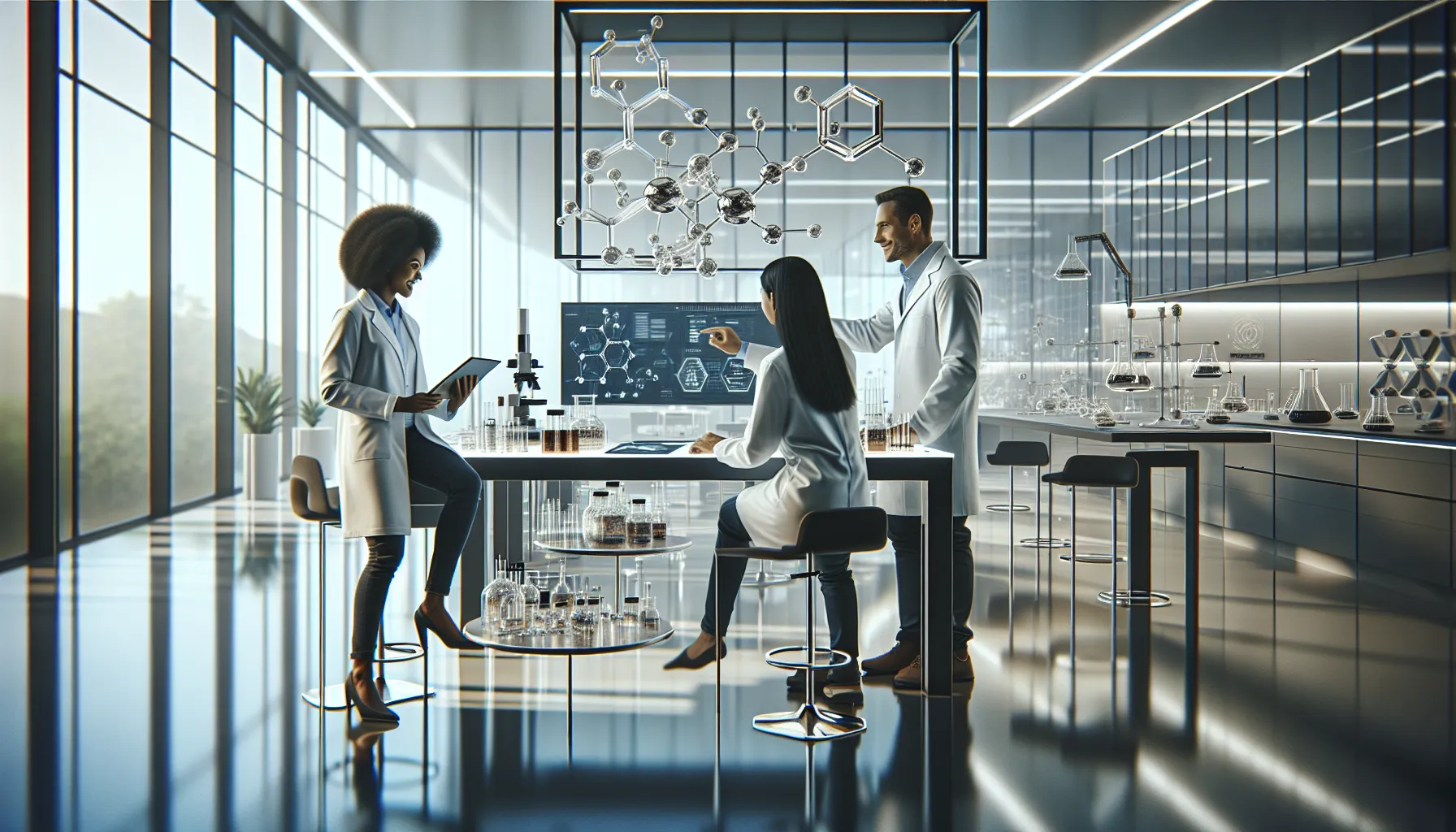 diverse scientists collaborating in a modern lab setting.