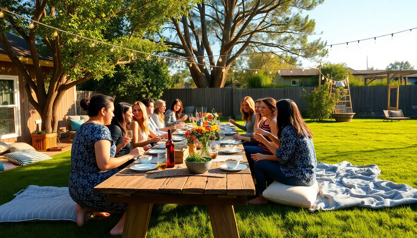 diverse friends celebrating in a charming backyard setting.