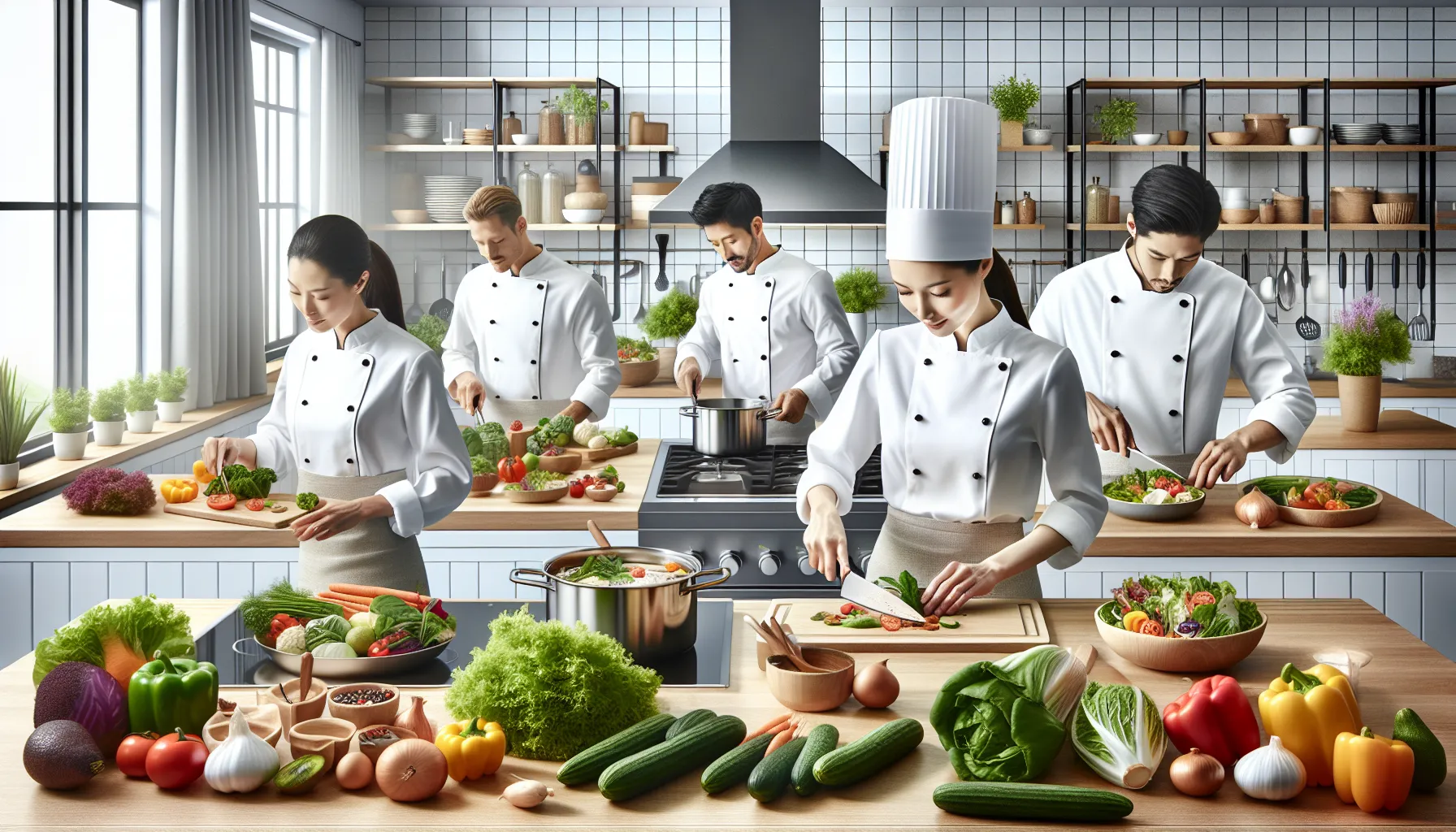 professionals preparing healthy csavchels in a modern kitchen.