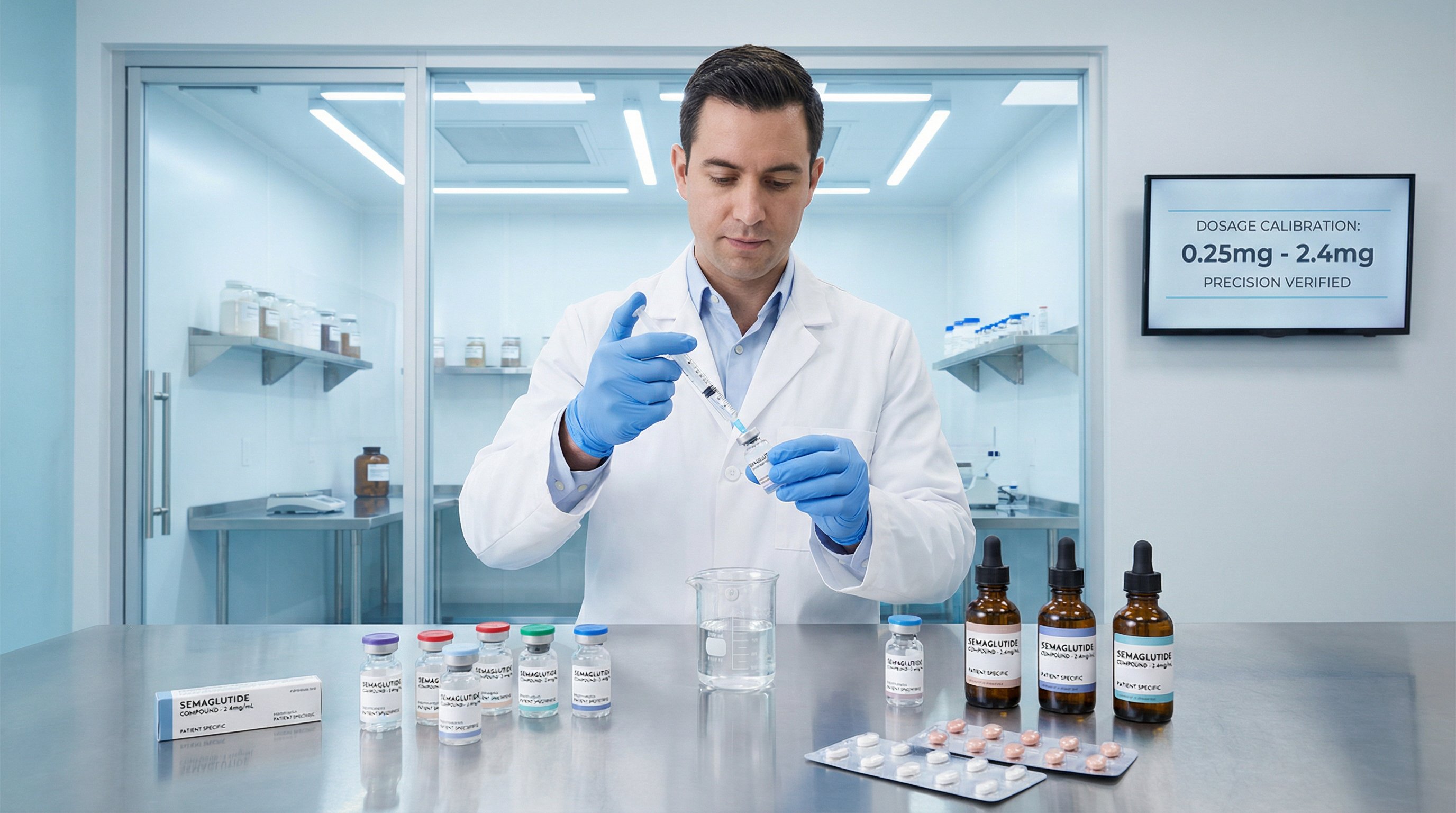 Pharmacist preparing compounded semaglutide in a modern cleanroom pharmacy setting.