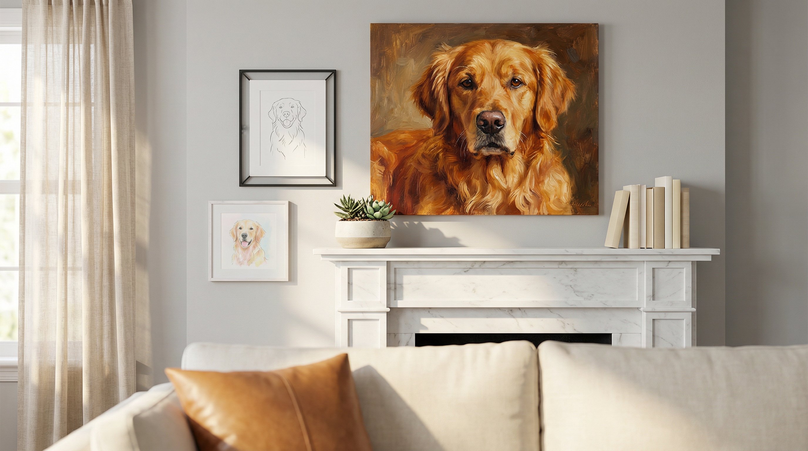 Gallery wall of golden retriever portraits in different art styles above a mantel.