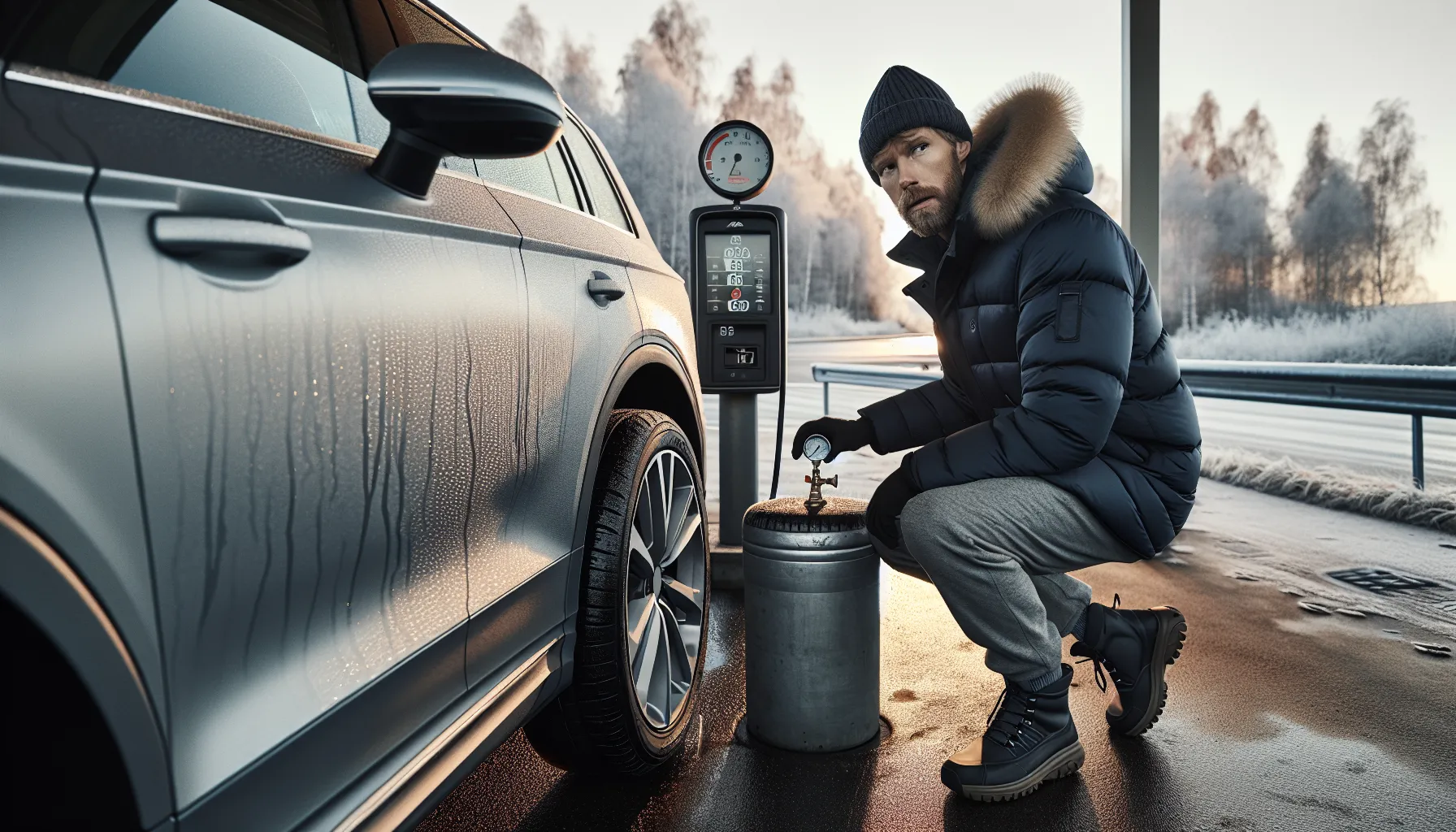 Driver checks tire pressure by a car on a frosty norwegian morning.