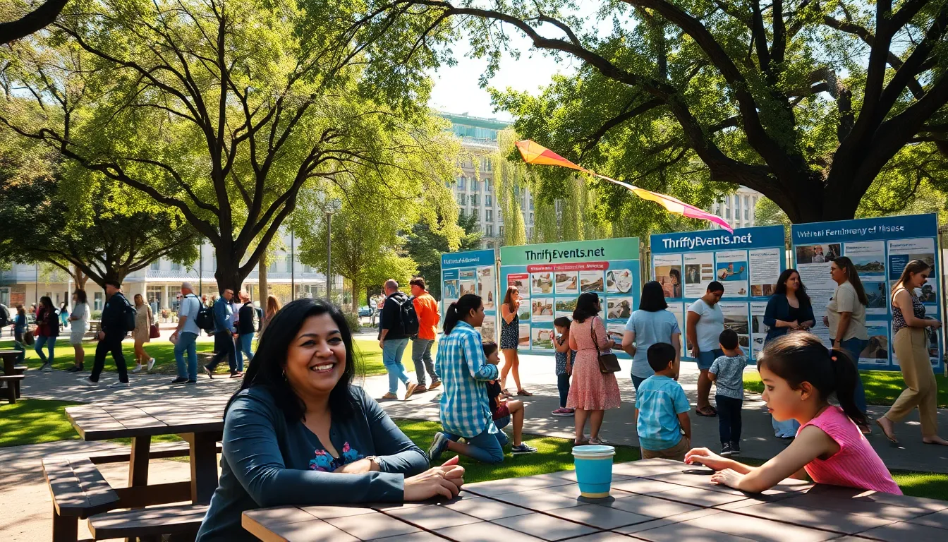 a diverse group enjoying a community park with an event information stand.