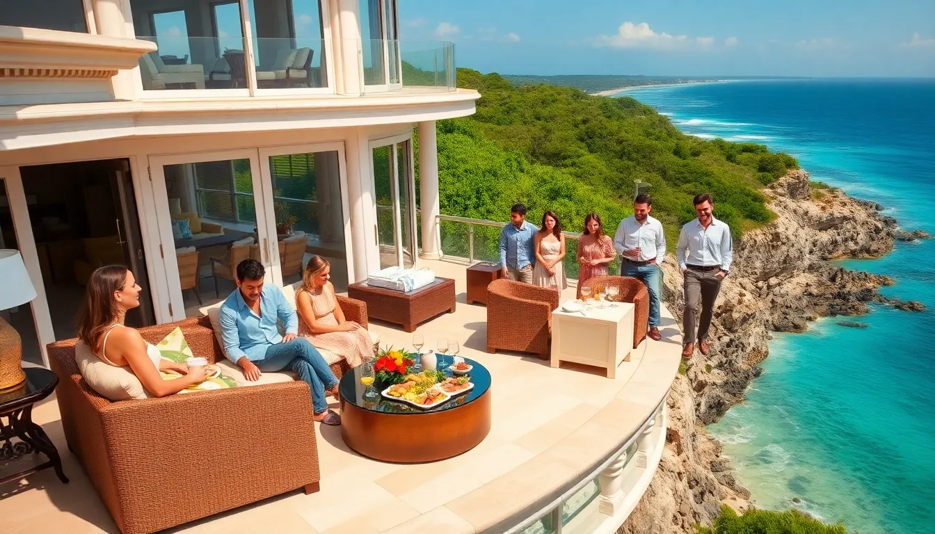 opulent private villa with travelers enjoying luxury experiences.
